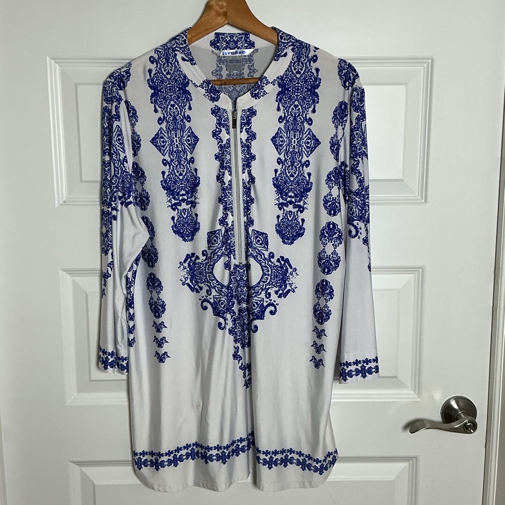 Peter Nygard Blue Patterned White Casual Shirt Large